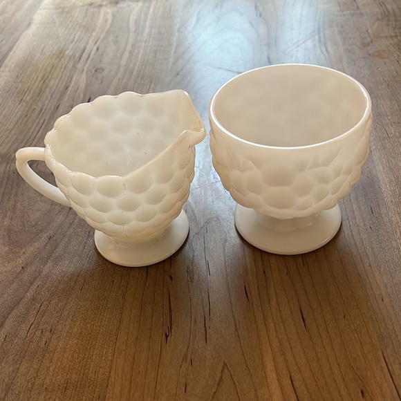 Vintage Creamer and Sugar Bowl Set White Bubble Milk Glass Fire King - Picture 2 of 5